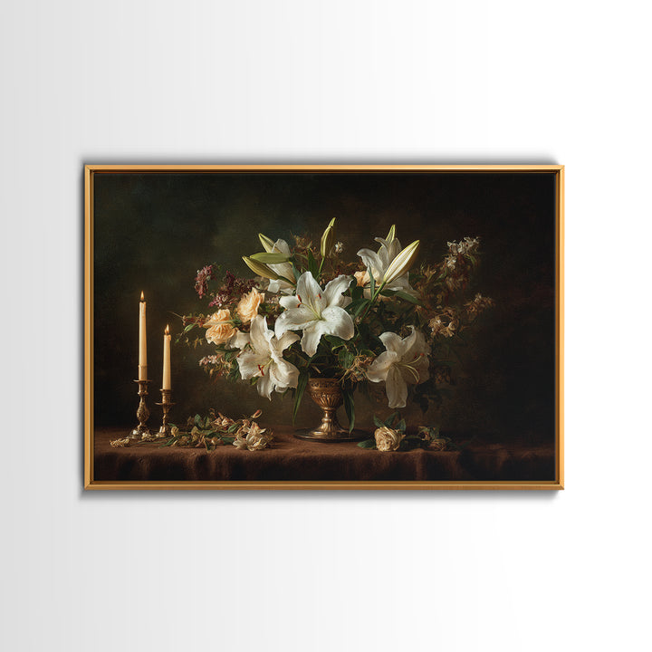 White Lilies on Dark Background Canvas Print, Traditional Art, Canvas, Living Room Decor, Watercolor Art, Classic, Furry Art, TRA-3x2-67