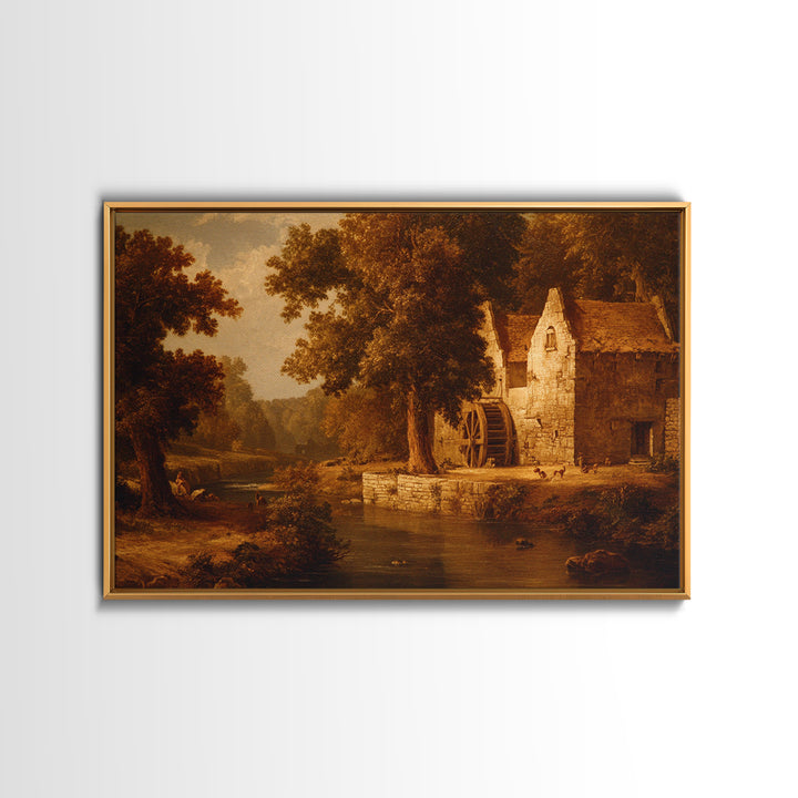 Watermill Beside a Quiet Stream Framed Canvas Print, Traditional Art, Gallery Decor, Living Room Decor, Fine Art, Classic, TRA-3x2-69