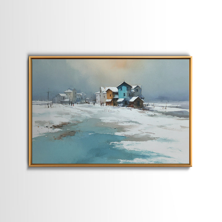 Snowy Village Landscape at Twilight Framed Canvas Print, Traditional Art, Pokemon Poster, Living Room Decor, Watercolor Art, TRA-3x2-71