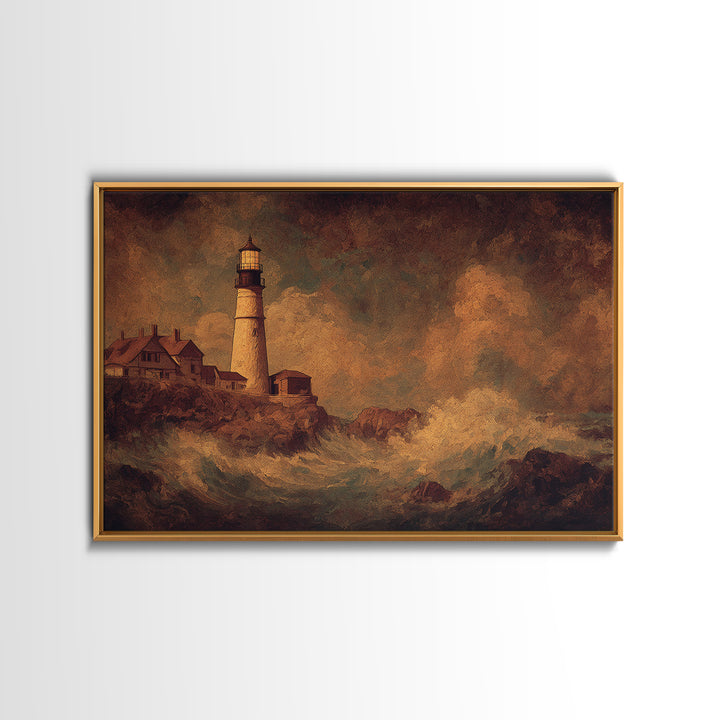 Lighthouse with Crashing Waves Canvas Print, Traditional Art, Neutral Decor, Living Room Decor, Fine Art, Classic, Home Decor, TRA-3x2-73