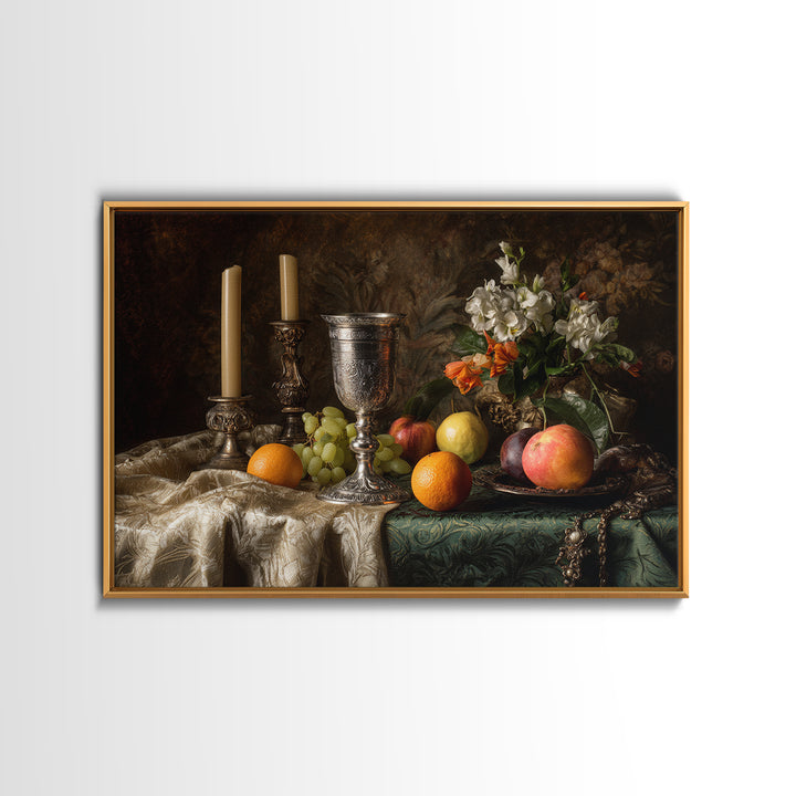 Dutch Fruit and Silver Goblet Still Life Framed Canvas Print, Traditional Art, Living Room Decor, Watercolor Art, Classic, TRA-3x2-80