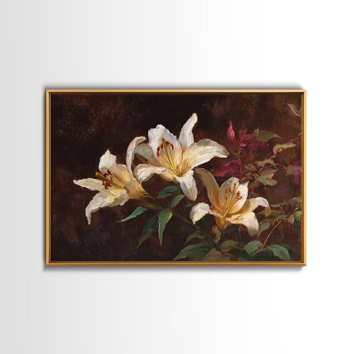 White Lilies on Dark Background Framed Canvas Print, Traditional Art, Digital Print, Living Room Decor, Oil Painting, Classic, TRA-3x2-91