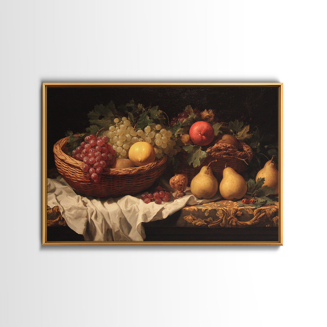 Basket of Apples and Pears on Linen Canvas Print, Traditional Art, Landscape, Living Room Decor, Fine Art, Classic, TRA-3x2-94