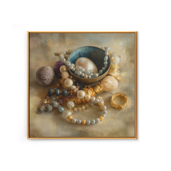 Beaded Jewelry Still Life Framed Canvas Print, Tribal Art, Fine Art Print, Living Room Decor, Watercolor Art, Tribal, TRI-1x1-34