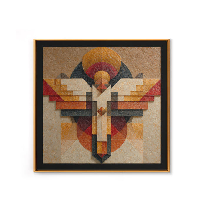 Eagle Totem with Feathers and Geometric Shapes Framed Canvas Print, Tribal Art, Tribal Design, Living Room Decor, Tribal, TRI-1x1-84