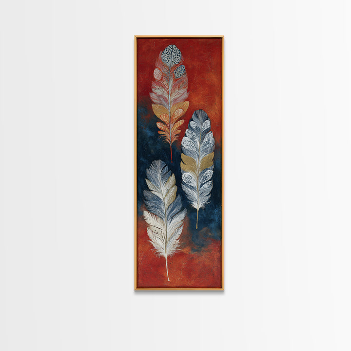 Feather Arrangement with Red Ochre Background Canvas Print, Tribal Art, Neutral Decor, Living Room Decor, Oil Painting, Tribal, TRI-1x3-55