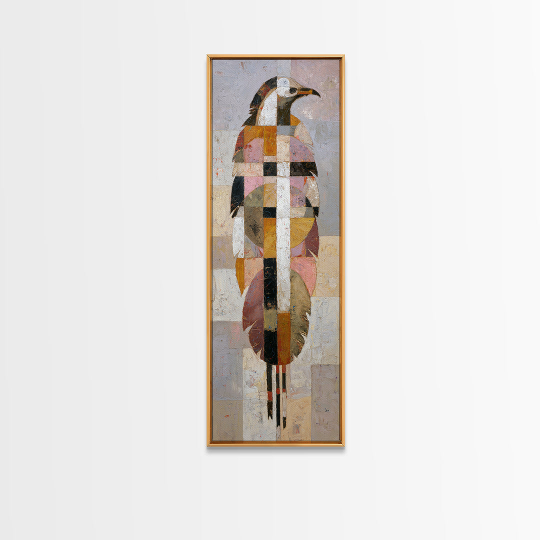 Eagle Totem with Feathers and Geometric Shapes Framed Canvas Print, Tribal Art, Statement Artwork, Living Room Decor, Tribal, TRI-1x3-96
