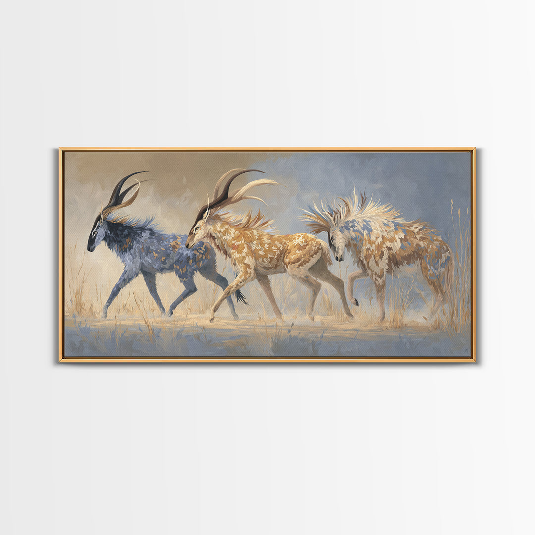 Ancient Cave Art Running Animals Framed Canvas Print, Tribal Art, Gallery Wall Art, Living Room Decor, Watercolor Art, Tribal, TRI-2x1-5