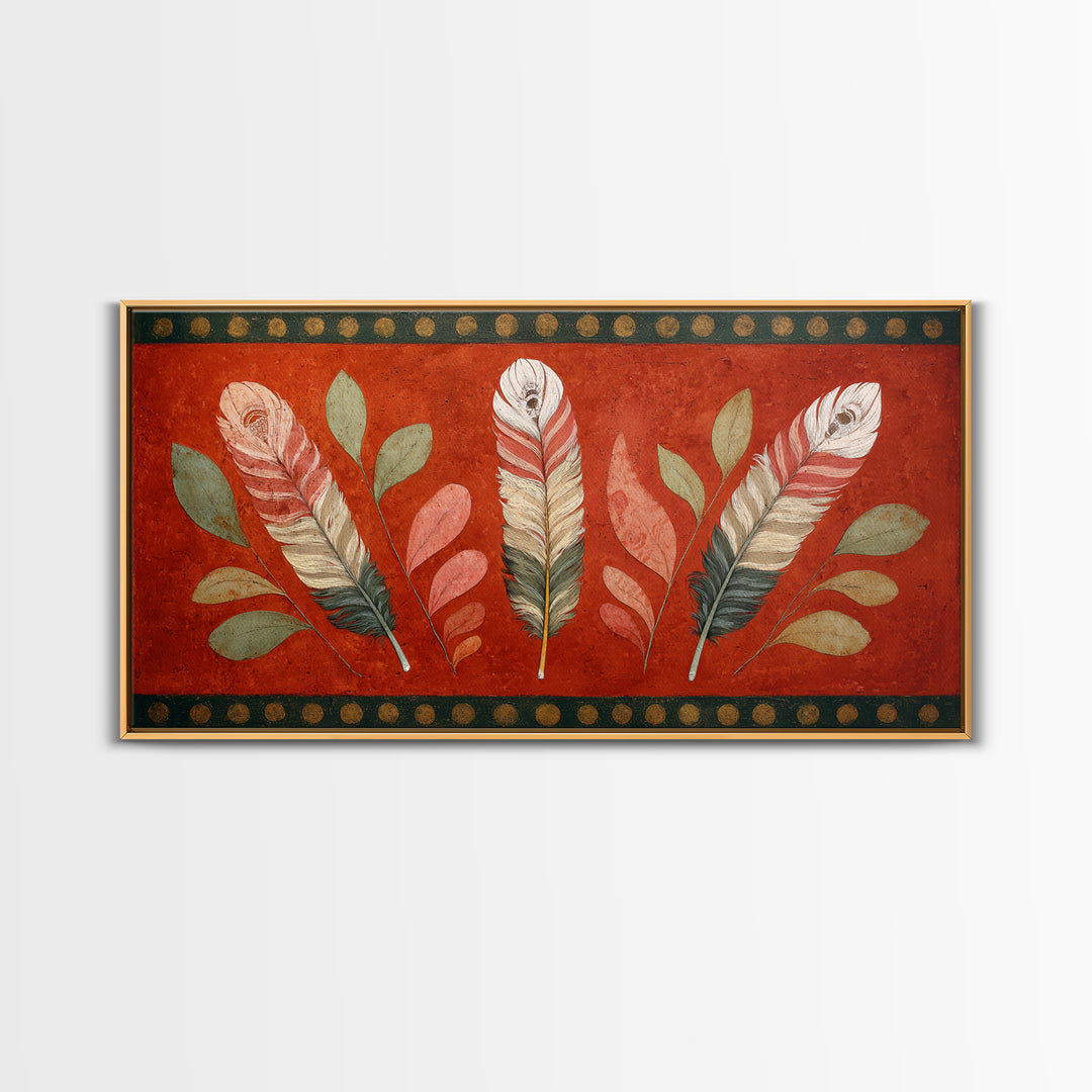 Feather Arrangement with Red Ochre Background Canvas Print, Tribal Art, Black and White Art, Living Room Decor, Tribal, TRI-2x1-63
