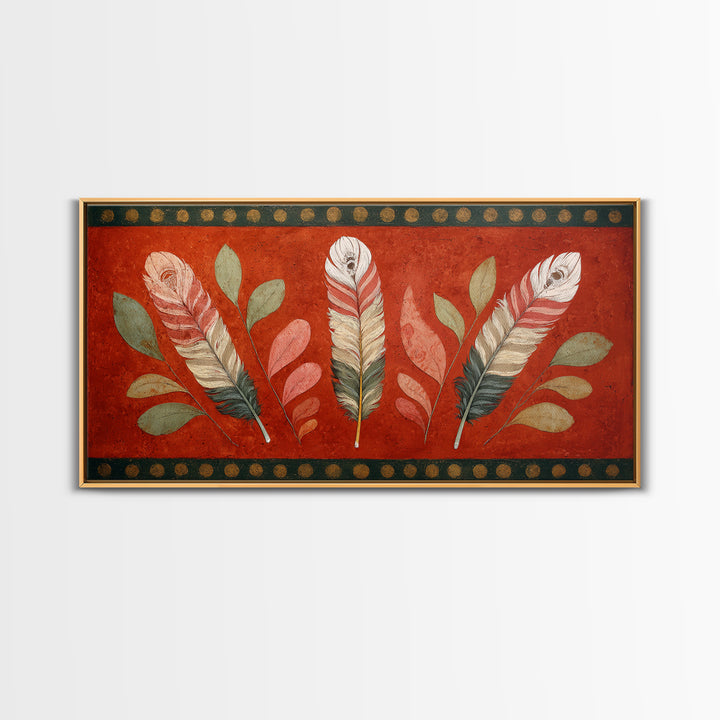 Feather Arrangement with Red Ochre Background Canvas Print, Tribal Art, Black and White Art, Living Room Decor, Tribal, TRI-2x1-63