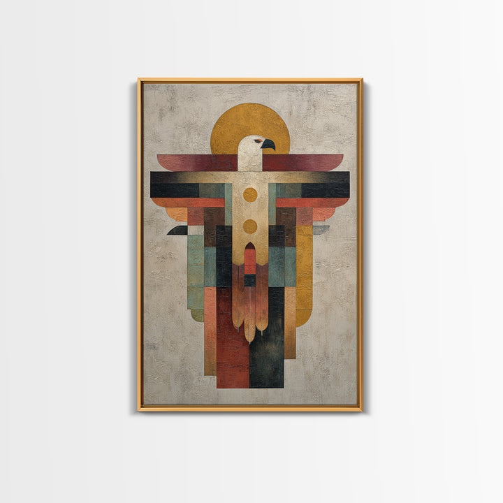 Eagle Totem with Feathers and Geometric Shapes Framed Canvas Print, Tribal Art, Living Room Decor, Abstract Art, Tribal, TRI-2x3-44
