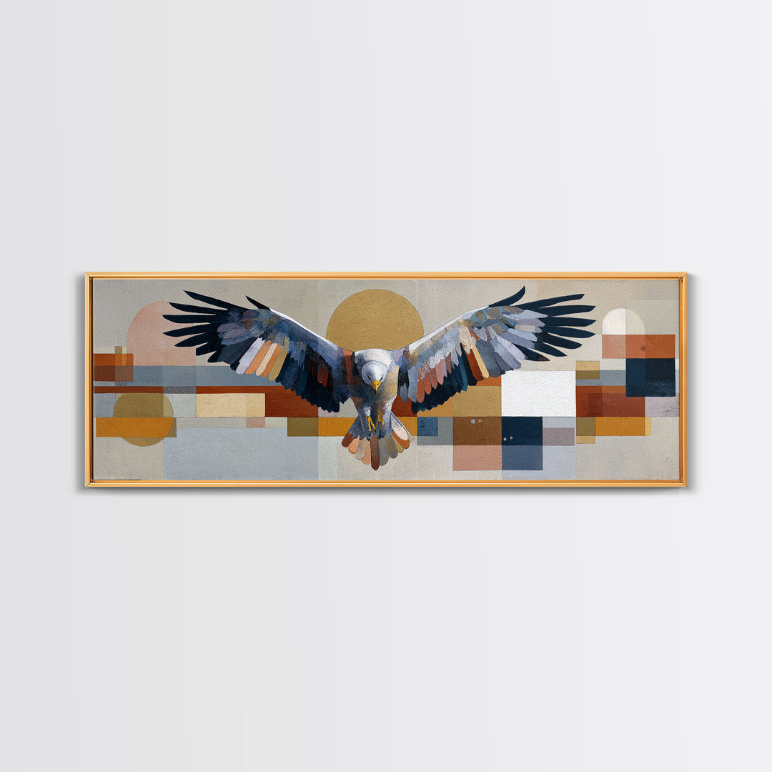 Eagle Totem with Feathers and Geometric Shapes Canvas Print, Tribal Art, Southwestern Decor, Living Room Decor, Abstract Art, TRI-3x1-4