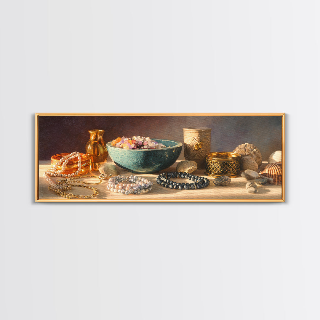Beaded Jewelry Still Life Framed Canvas Print, Tribal Art, Tribal Design, Living Room Decor, Oil Painting, Tribal, TRI-3x1-74
