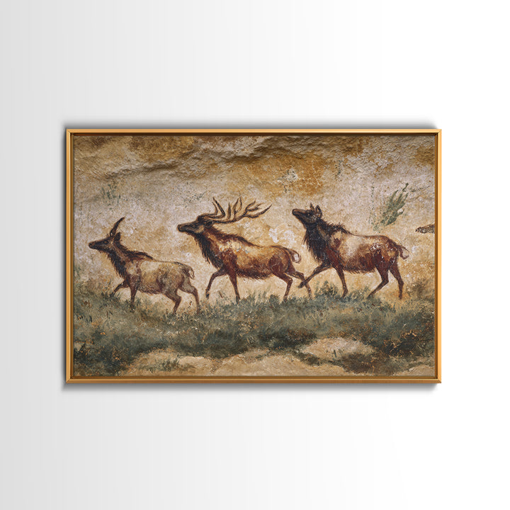 Ancient Cave Art Running Animals Framed Canvas Print, Tribal Art, Wall Art, Living Room Decor, Tribal, Abstract Painting, TRI-3x2-85