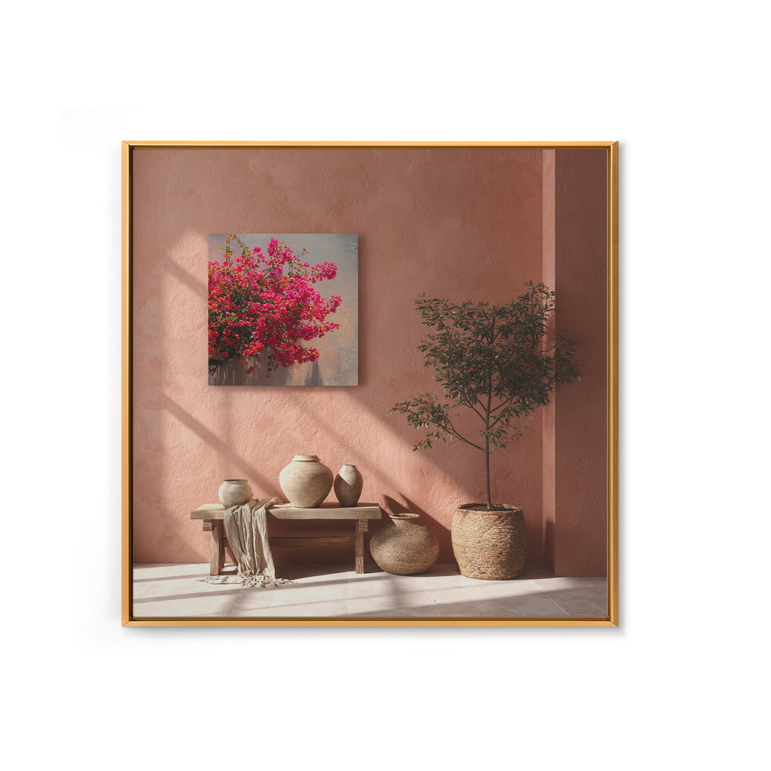 Pink Bougainvillea over White Wall Framed Canvas Print, Tropical Art, Bird Art, Living Room Decor, Watercolor Art, Tropic, TRO-1x1-16