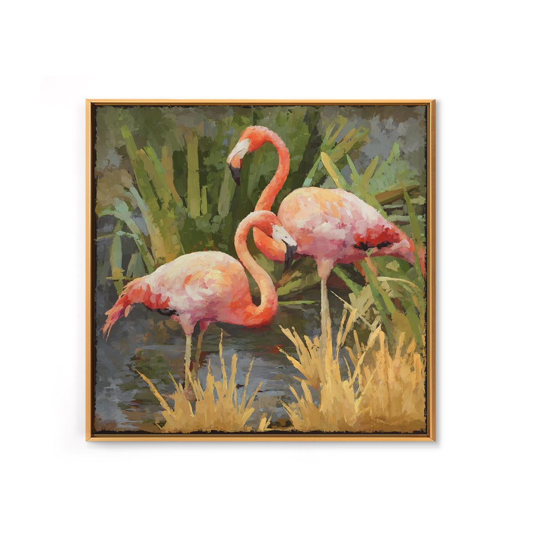Pink Flamingos Among Tropical Water Plants Framed Canvas Print, Tropical Art, Beach Wall Art, Living Room Decor, Tropic, TRO-1x1-2