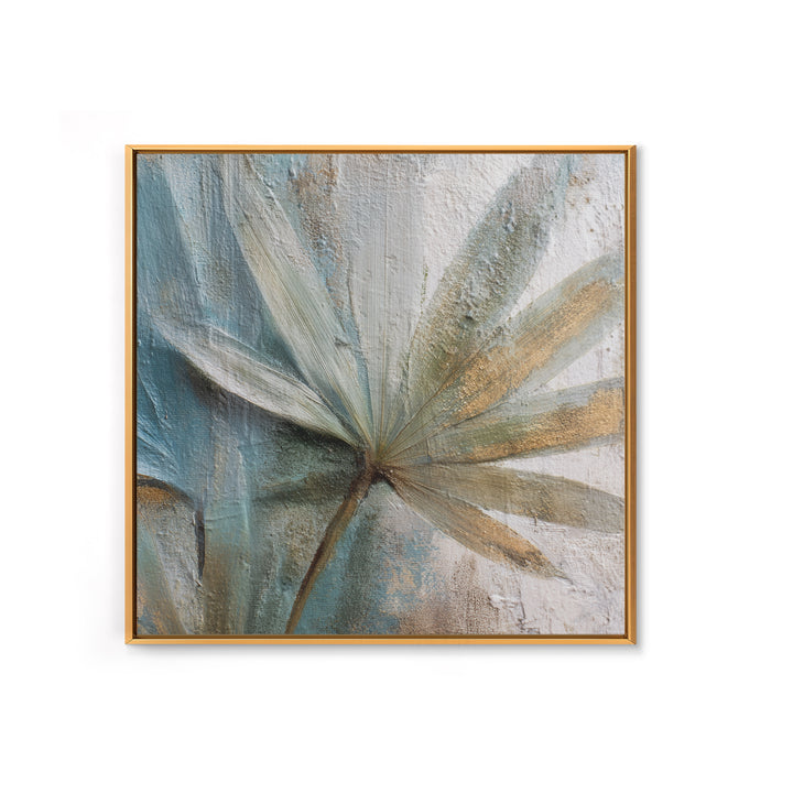 Rain Soaked Palm Leaf Closeup Framed Canvas Print, Tropical Art, Neutral Decor, Living Room Decor, Oil Painting, Tropic, TRO-1x1-21