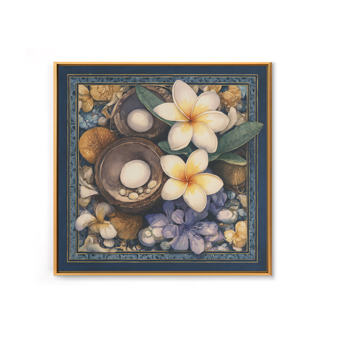Coconut and Plumeria Still Life Canvas Print, Tropical Art, Printable Wall Art, Living Room Decor, Watercolor Art, Tropic, TRO-1x1-36
