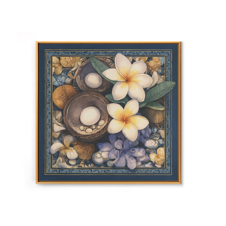 Coconut and Plumeria Still Life Canvas Print, Tropical Art, Printable Wall Art, Living Room Decor, Watercolor Art, Tropic, TRO-1x1-36