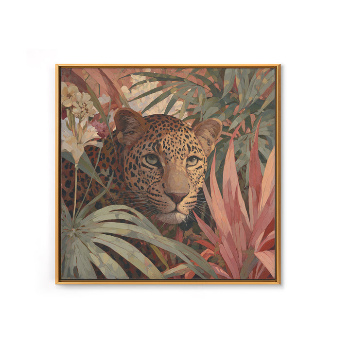 Leopard Hidden Among Palm Leaves Framed Canvas Print, Tropical Art, Gallery Decor, Living Room Decor, Fine Art, Tropic, TRO-1x1-38