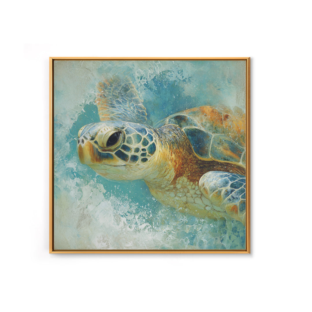 Sea Turtle Near Tropical Reef Framed Canvas Print, Tropical Art, Beach Decor, Living Room Decor, Oil Painting, Tropic, TRO-1x1-43