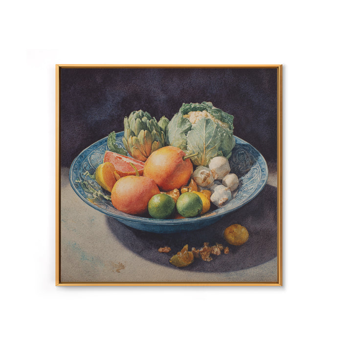 Bright Papaya and Lime Still Life Framed Canvas Print, Tropical Art, Decor, Living Room Decor, Fine Art, Tropic, Bird Art, TRO-1x1-48