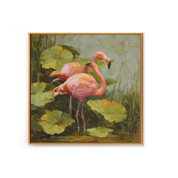 Pink Flamingos Among Tropical Water Plants Canvas Print, Tropical Art, Whimsical Art, Living Room Decor, Fine Art, Tropic, TRO-1x1-50