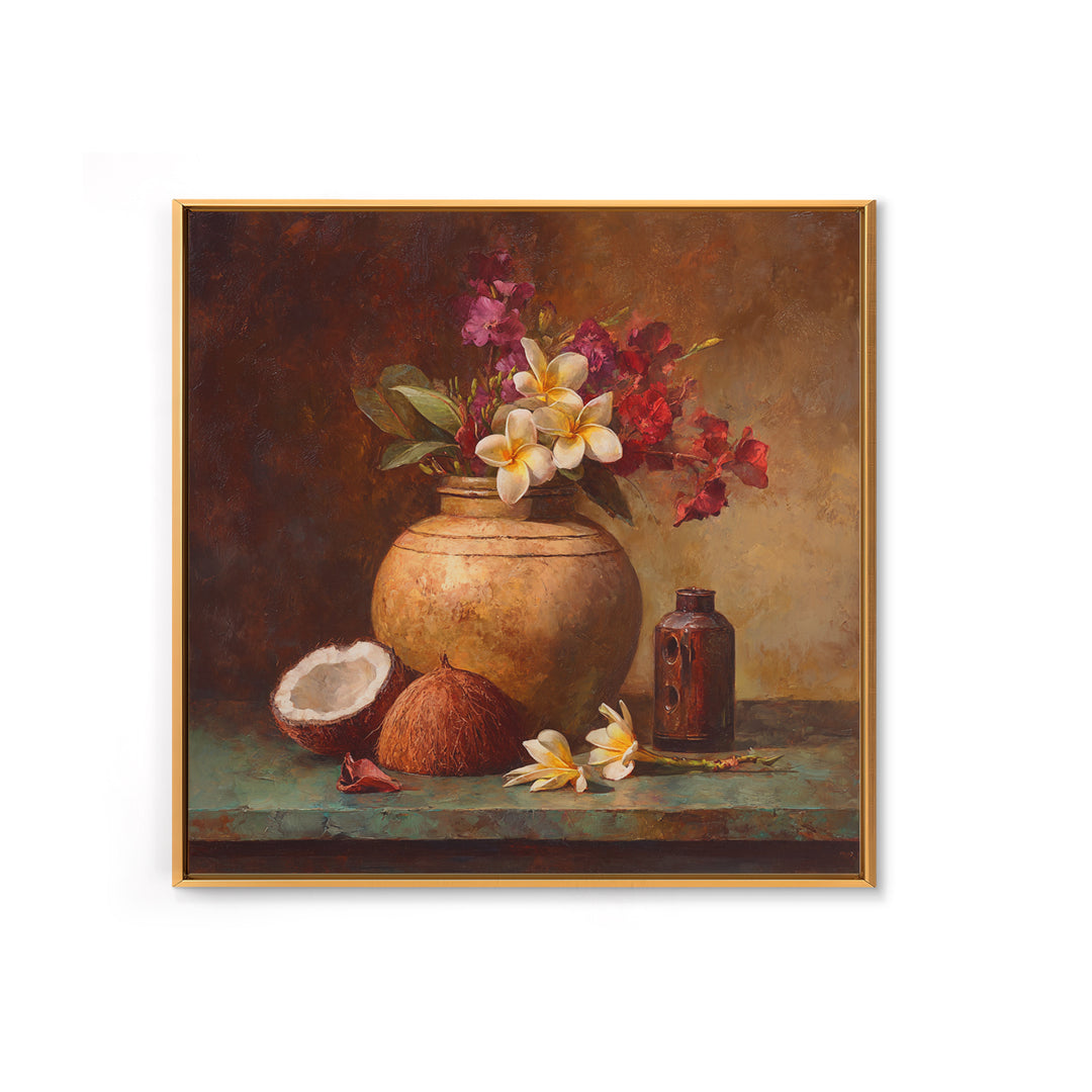 Coconut and Plumeria Still Life Canvas Print, Tropical Art, Coastal Decor, Living Room Decor, Fine Art, Tropic, Modern Decor, TRO-1x1-60