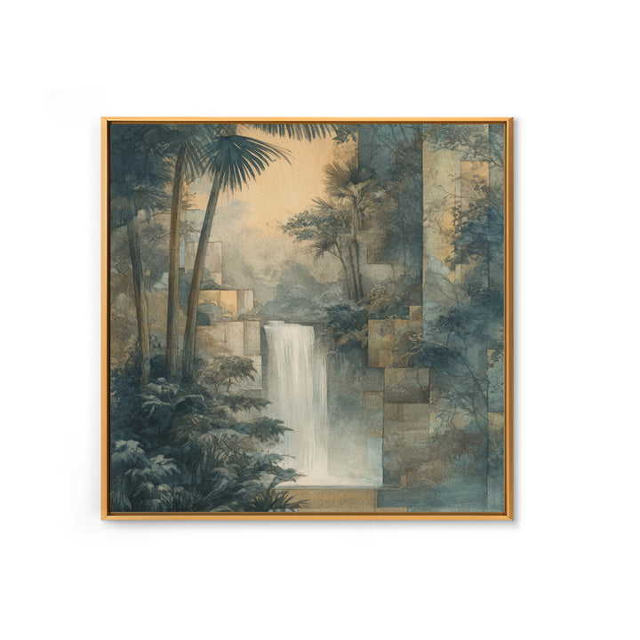 Jungle Waterfall with Misty Light Framed Canvas Print, Tropical Art, Boho Decor, Living Room Decor, Oil Painting, Tropic, TRO-1x1-61