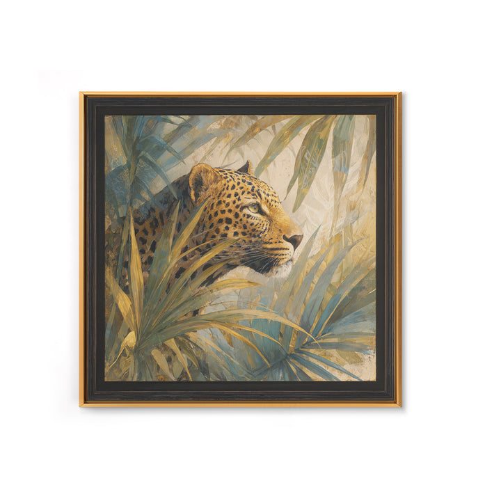 Leopard Hidden Among Palm Leaves Framed Canvas Print, Tropical Art, Gallery Decor, Living Room Decor, Fine Art, Tropic, TRO-1x1-62