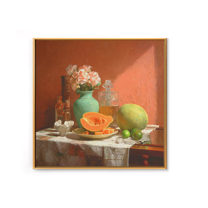 Bright Papaya and Lime Still Life Framed Canvas Print, Tropical Art, Beach Print, Living Room Decor, Abstract Art, Tropic, TRO-1x1-72