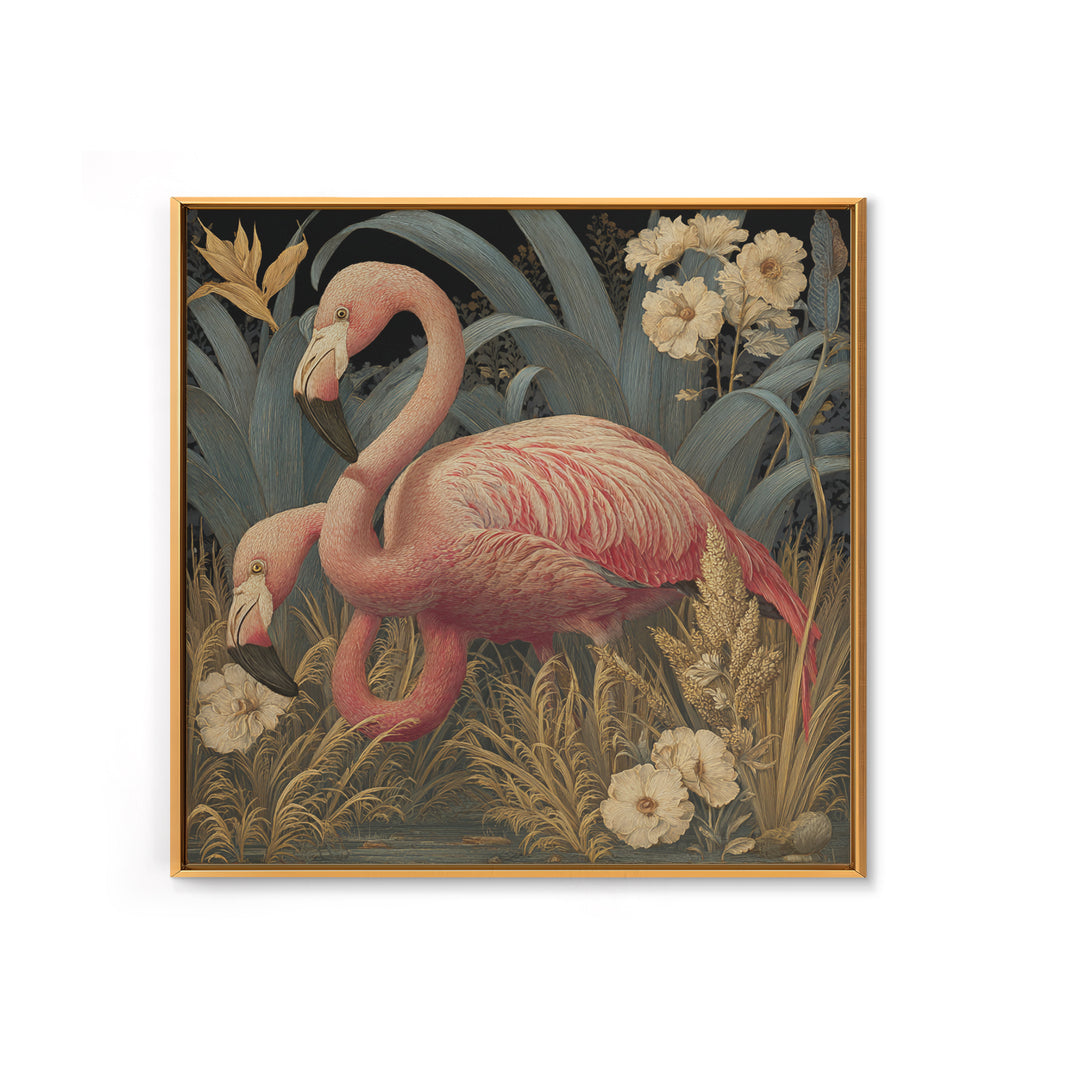 Pink Flamingos Among Tropical Water Plants Framed Canvas Print, Tropical Art, Fine Art Print, Living Room Decor, Tropic, TRO-1x1-74