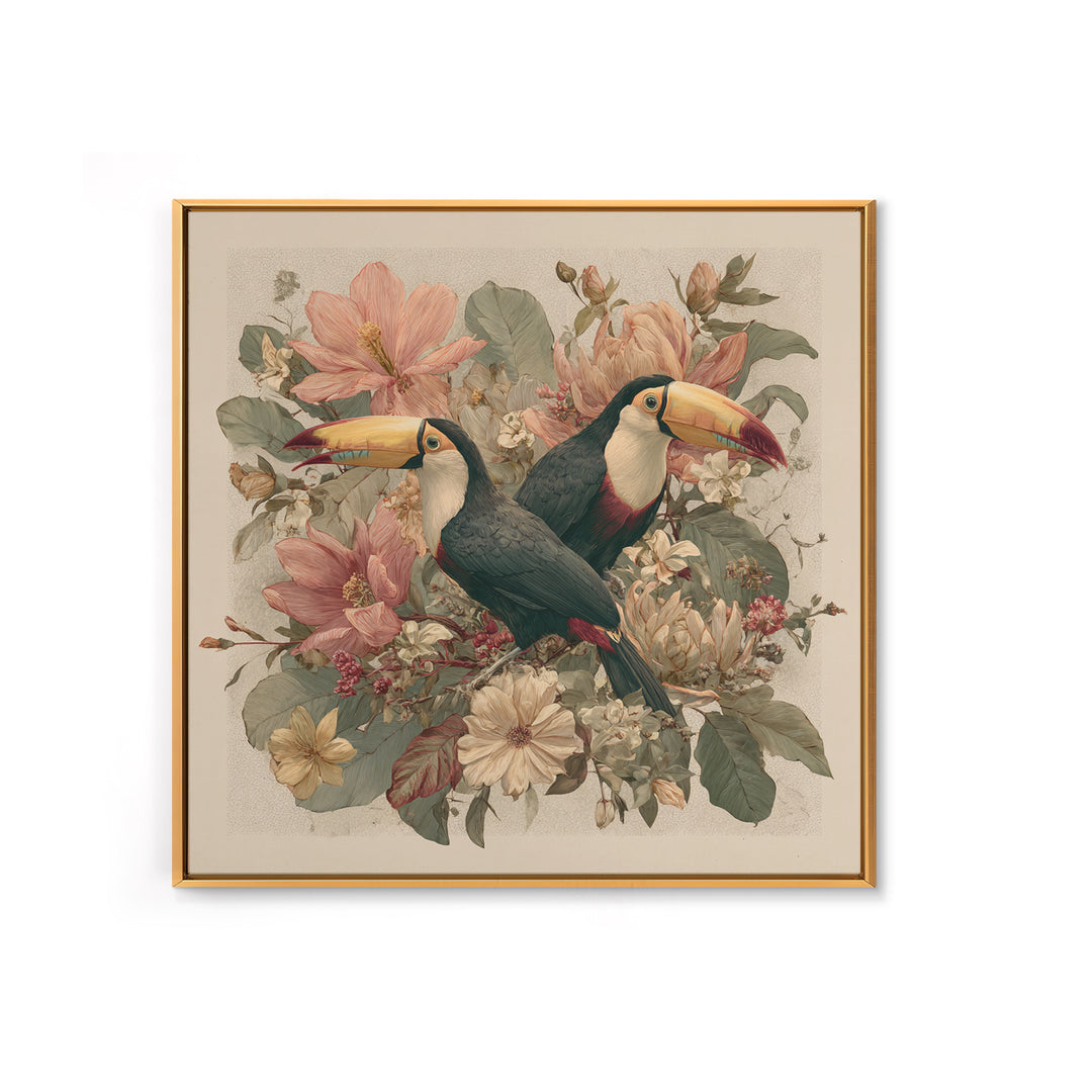 Toucans Surrounded by Bright Jungle Flowers Canvas Print, Tropical Art, Statement Artwork, Living Room Decor, Fine Art, Tropic, TRO-1x1-75