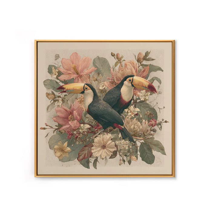 Toucans Surrounded by Bright Jungle Flowers Canvas Print, Tropical Art, Statement Artwork, Living Room Decor, Fine Art, Tropic, TRO-1x1-75