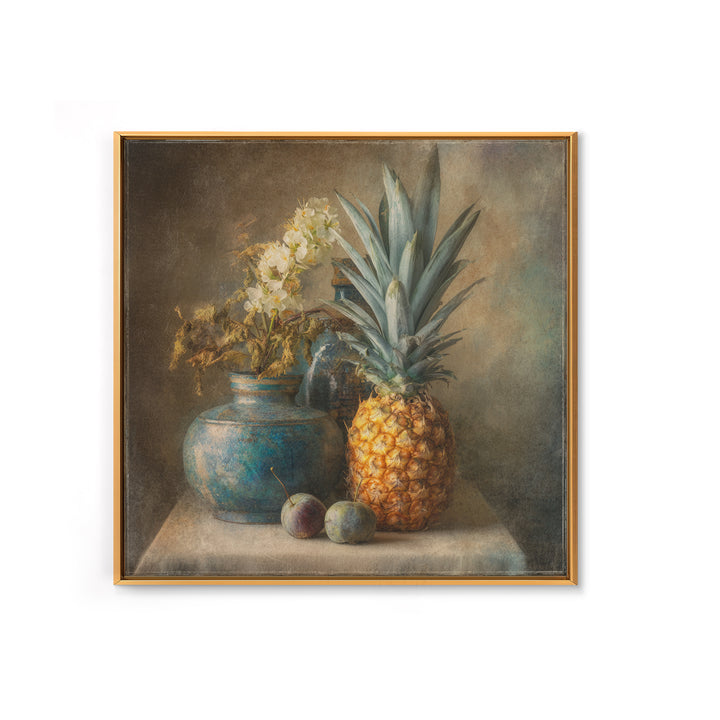 Pineapple and Palm Still Life Framed Canvas Print, Tropical Art, Statement Artwork, Living Room Decor, Fine Art, Tropic, TRO-1x1-78