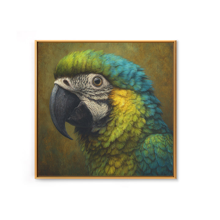 Parrot Portrait with Emerald Feathers Framed Canvas Print, Tropical Art, Printable, Living Room Decor, Fine Art, Tropic, TRO-1x1-8