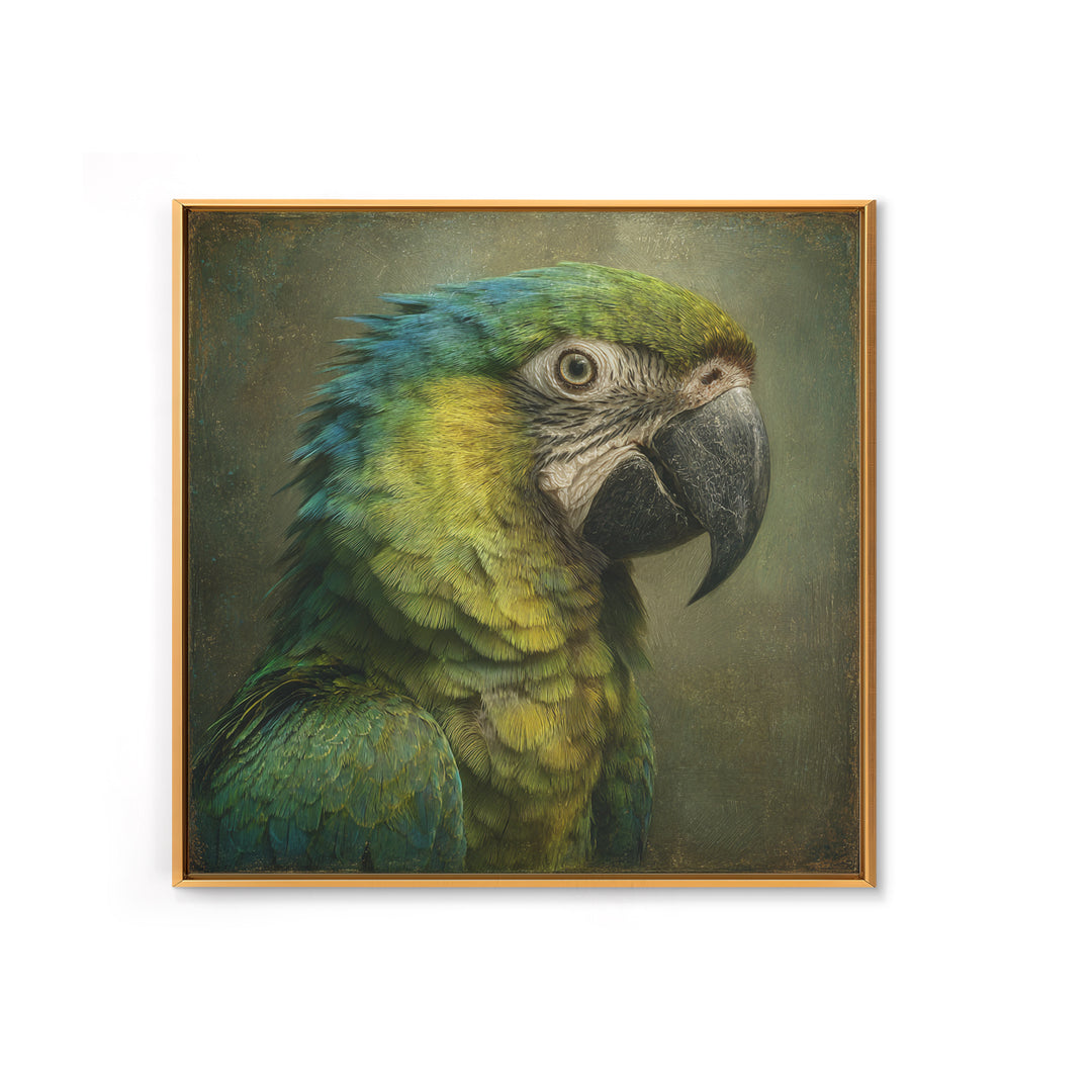 Parrot Portrait with Emerald Feathers Framed Canvas Print, Tropical Art, Fine Art Print, Living Room Decor, Oil Painting, TRO-1x1-80
