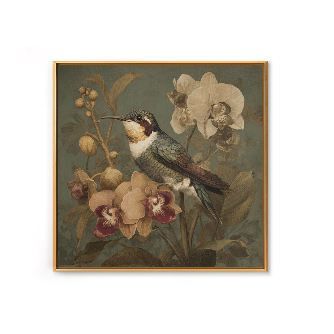 Orchid and Hummingbird Composition Canvas Print, Tropical Art, Boho Decor, Living Room Decor, Oil Painting, Tropic, Art Print, TRO-1x1-82