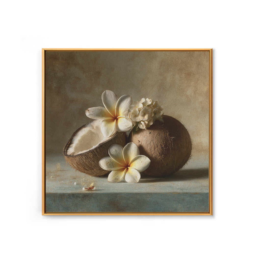 Coconut and Plumeria Still Life Framed Canvas Print, Tropical Art, Beach Print, Living Room Decor, Abstract Art, Tropic, TRO-1x1-84