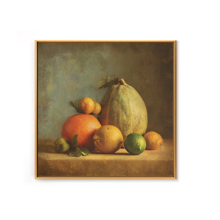 Bright Papaya and Lime Still Life Framed Canvas Print, Tropical Art, Art Print, Living Room Decor, Tropic, Abstract Painting, TRO-1x1-96