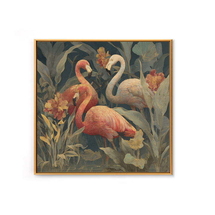 Pink Flamingos Among Tropical Water Plants Canvas Print, Tropical Art, Textured Painting, Living Room Decor, Fine Art, Tropic, TRO-1x1-98