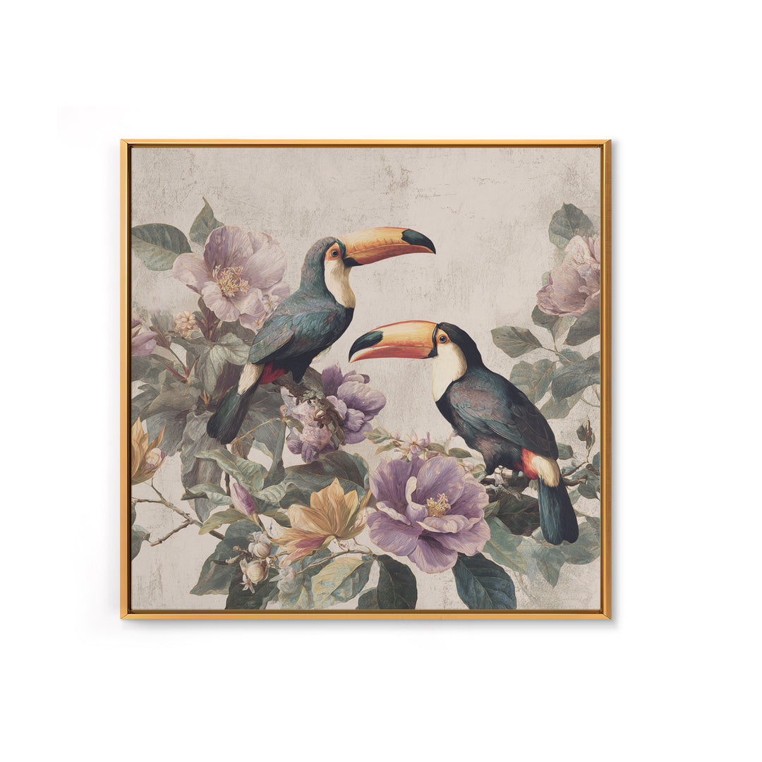 Toucans Surrounded by Bright Jungle Flowers Canvas Print, Tropical Art, Decor, Living Room Decor, Oil Painting, Tropic, TRO-1x1-99