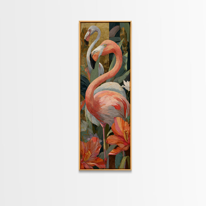 Pink Flamingos Among Tropical Water Plants Canvas Print, Tropical Art, Gallery Decor, Living Room Decor, Fine Art, Tropic, TRO-1x3-14
