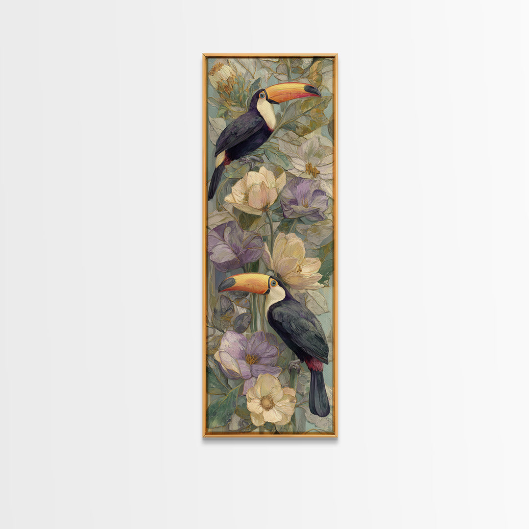 Toucans Surrounded by Bright Jungle Flowers Framed Canvas Print, Tropical Art, Printable Art, Living Room Decor, Tropic, TRO-1x3-15