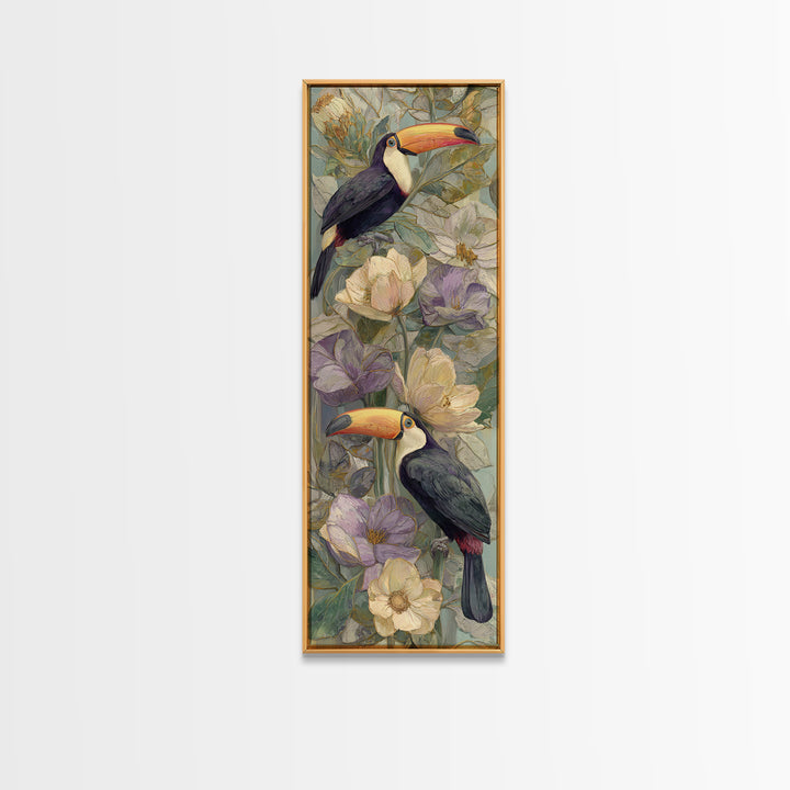 Toucans Surrounded by Bright Jungle Flowers Framed Canvas Print, Tropical Art, Printable Art, Living Room Decor, Tropic, TRO-1x3-15