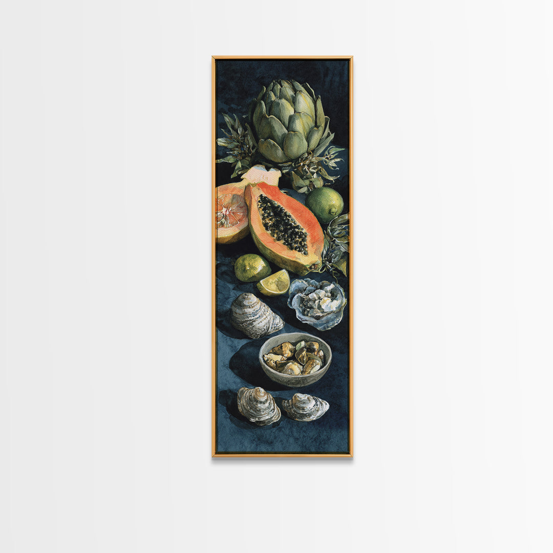 Bright Papaya and Lime Still Life Framed Canvas Print, Tropical Art, Art Print, Living Room Decor, Tropic, Abstract Painting, TRO-1x3-36