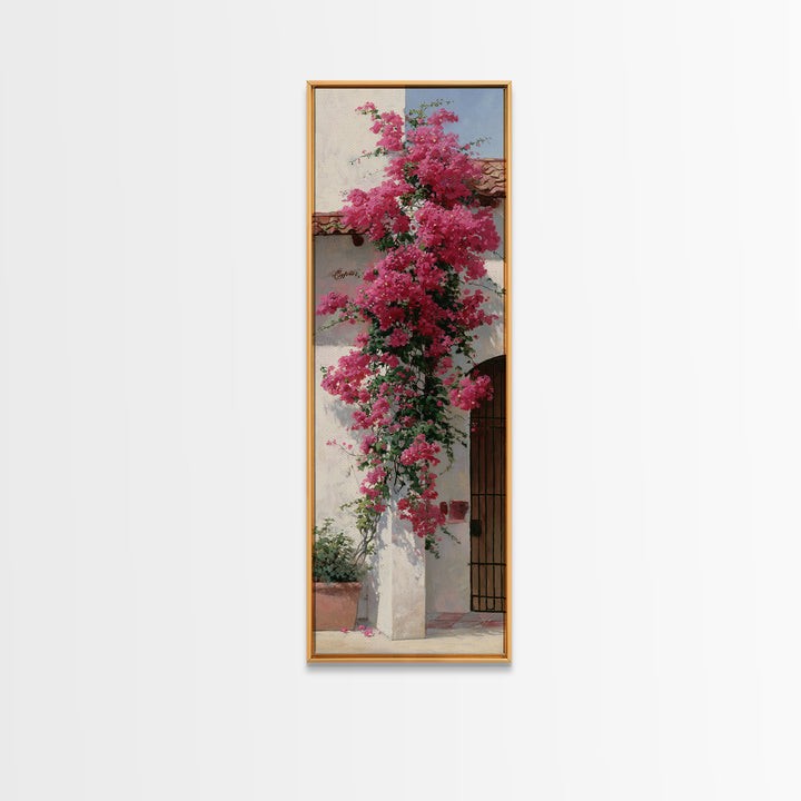 Pink Bougainvillea over White Wall Framed Canvas Print, Tropical Art, Minimalist Decor, Living Room Decor, Fine Art, Tropic, TRO-1x3-4