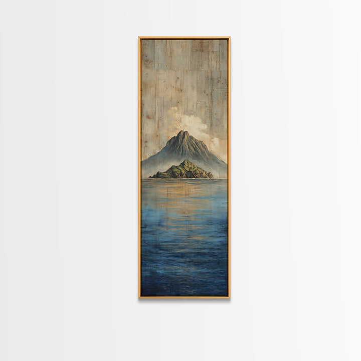 Island Volcano with Lush Foreground Framed Canvas Print, Tropical Art, Textured Painting, Living Room Decor, Fine Art, Tropic, TRO-1x3-53
