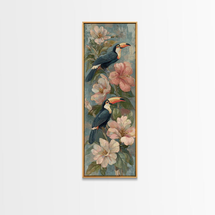 Toucans Surrounded by Bright Jungle Flowers Canvas Print, Tropical Art, Botanical Art, Living Room Decor, Watercolor Art, TRO-1x3-63