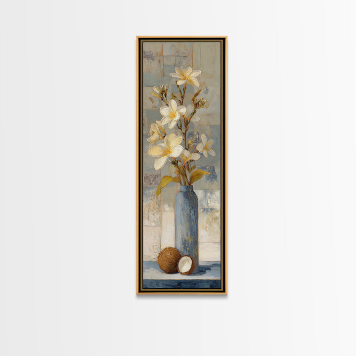 Coconut and Plumeria Still Life Canvas Print, Tropical Art, Coastal Decor, Living Room Decor, Fine Art, Tropic, Modern Decor, TRO-1x3-72